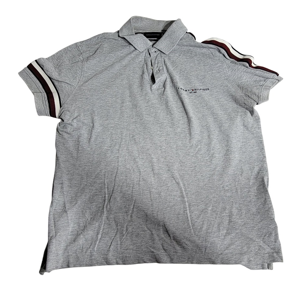Tommy Hilfiger Mens Gray‎ Regular Fit Polo Shirt Striped Sleeve Logo XL